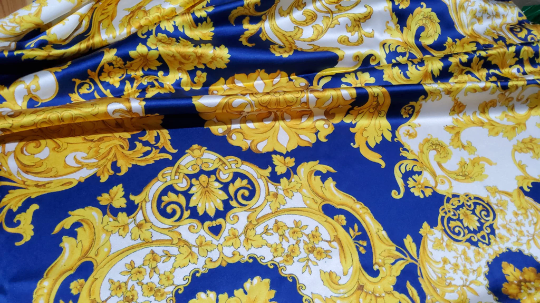 Fabric silk stretch,Baroque in Navy and Gold, Inkjet technique,Limited  Quantity