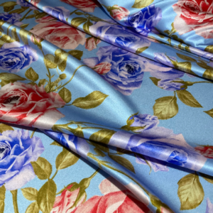 Italian Silk Fabric with pink and blue roses