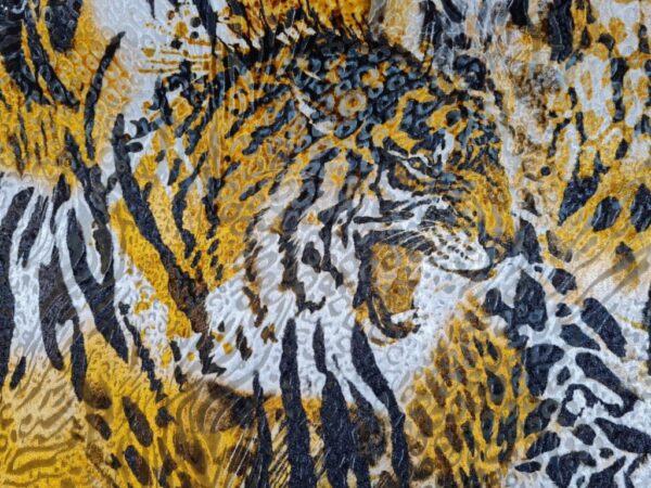 Italian Designer Fabric burnt out silk polyester velvet, devore fabric with tigers and zebras design,Alta Moda 2022.