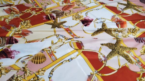Italian Sea Collection fabric Silk Crepe de Chine Alta Moda fabric in red,pink,gold colours, Inkjet technique,Limited Quantity.Colour#1