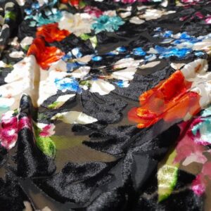 Devore fabric, burnt out silk velvet on black background floral pattern/100*135cm