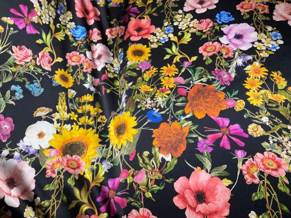 Exclusive Italian Silk Fabric with various flowers on the dark black background,stretch,2023 collection.Limited Only!