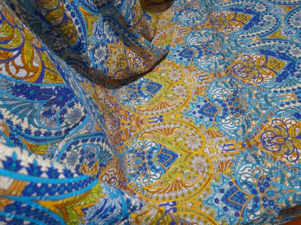 Cotton embroidered eyelets Fabric,macrame base blue and yellow with inkjet etro ornament,Alta Moda,Limited Quantity/120*140cm
