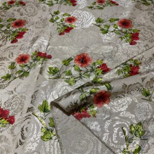 Wonderful Italian Polyester Jacquard with relief gold roses and red poppies ornament.Price for the piece of 180 cm