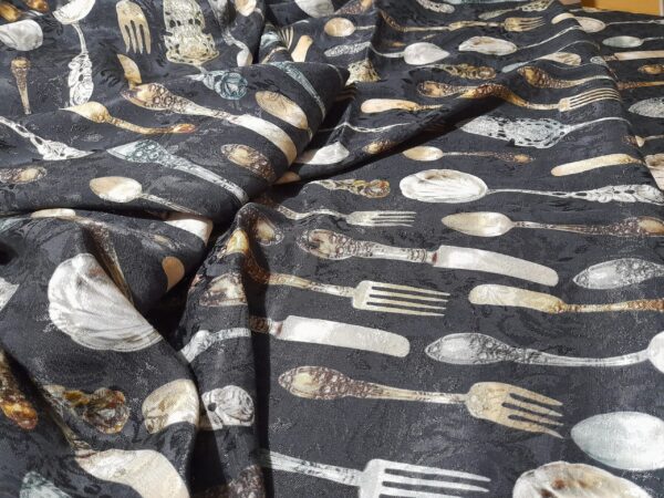 Italian Exclusive Alta Moda viscose jacquard Fabric, LIMITED COLLECTION/forks, spoons, knives on a black background