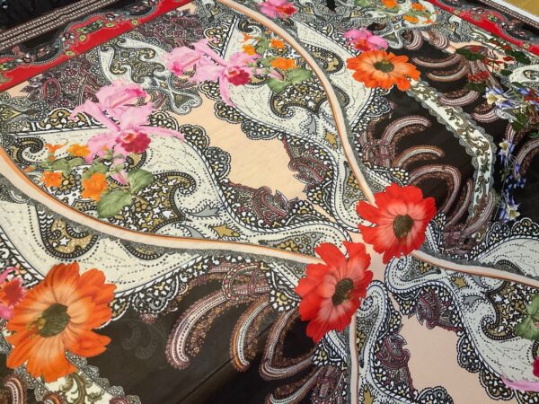 Italian Poly Chiffon floral pattern with ethnically background,sold by panel 150/150cm.Limited only
