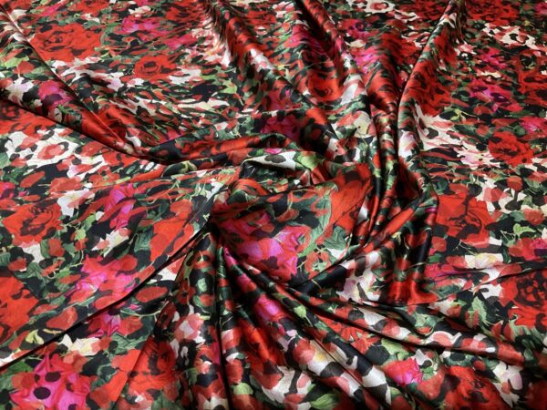 Beautiful Italian silk satin fabric with red roses
